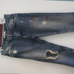 Zara dragonfly embroidery cigarette ripped boyfriend distressed denim jeans